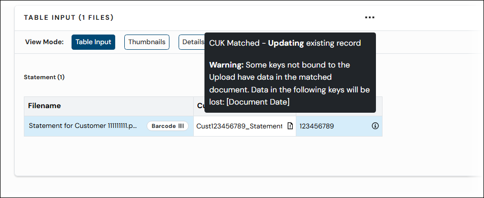 The CUK Warning popup message for an upload file.